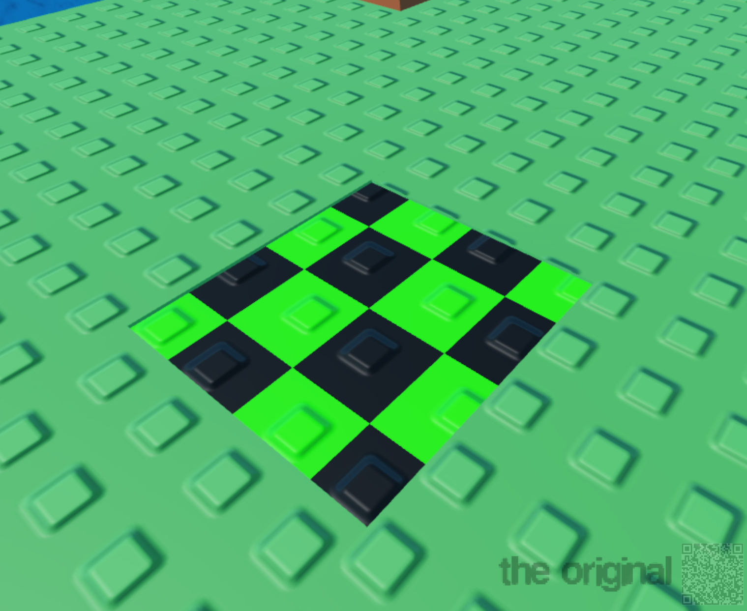 picture of a black and lime checkerboard in the ground, a qr code is in the conrer labeled 'the original' in glitchy text
