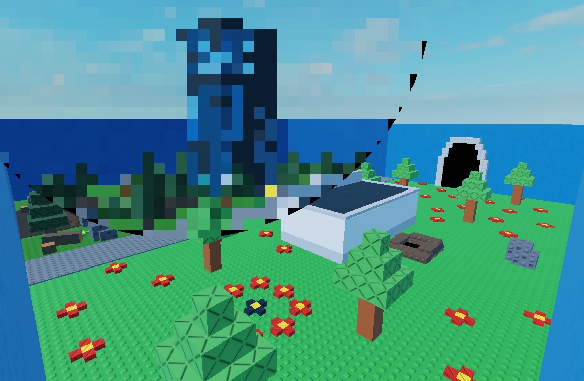on the right is a grassy area with trees, red flowers and a building, with a ring of red flowers with a black flower in the middle. divided by a path. on the left theres a darker area. its censored, but you can see it has mud, rocks, a building, and pine trees
