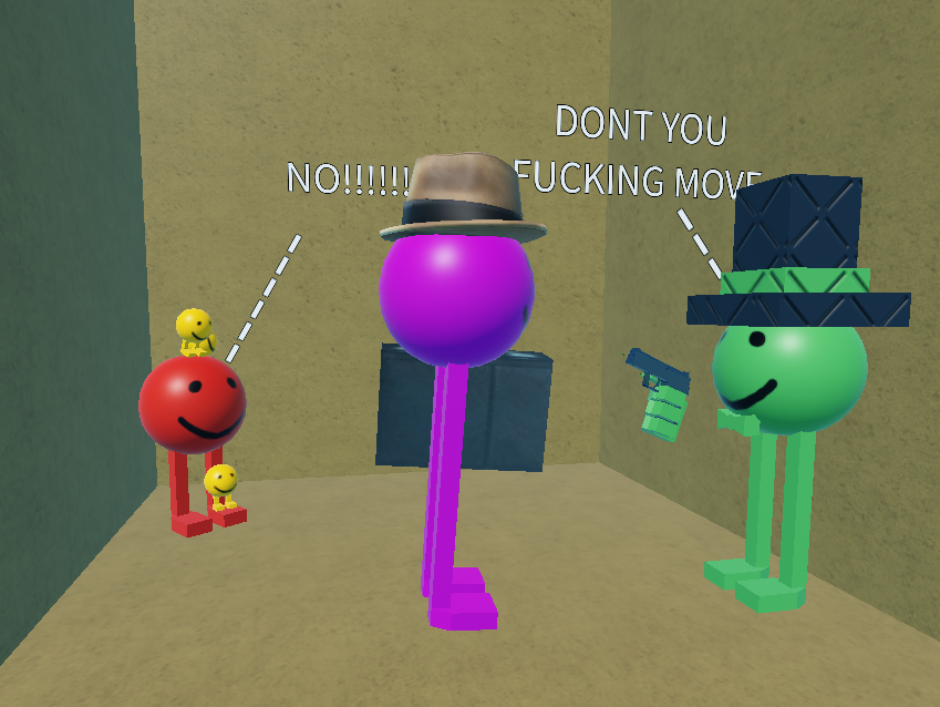Fancy Jerry G. points a gun at Fancy Parry P. while Carrie C. watches with her tiny Darry D. children watching. Jerry G. says 'DONT YOU FUCKING MOVE' and Carrie C. says 'NO!!!!!!!'