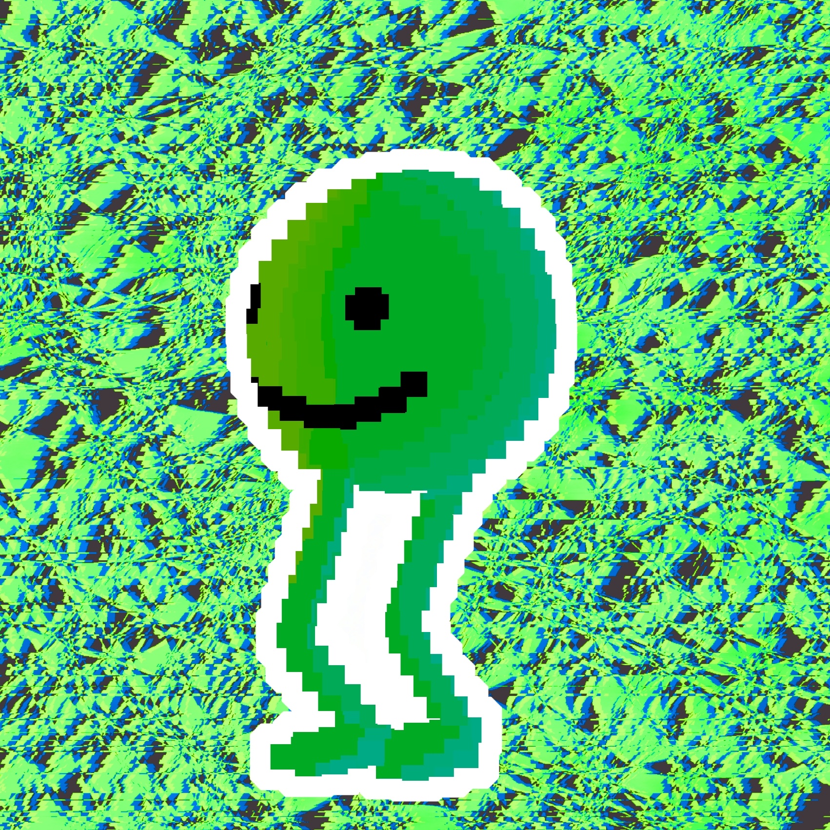 First image of Jerry G, green circle with two legs and a smile, green glitchy background