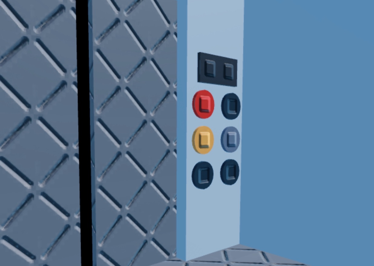 elevator. there's a red button, an empty space where a button should be, an orange button, a grey button, and two more empty spots.