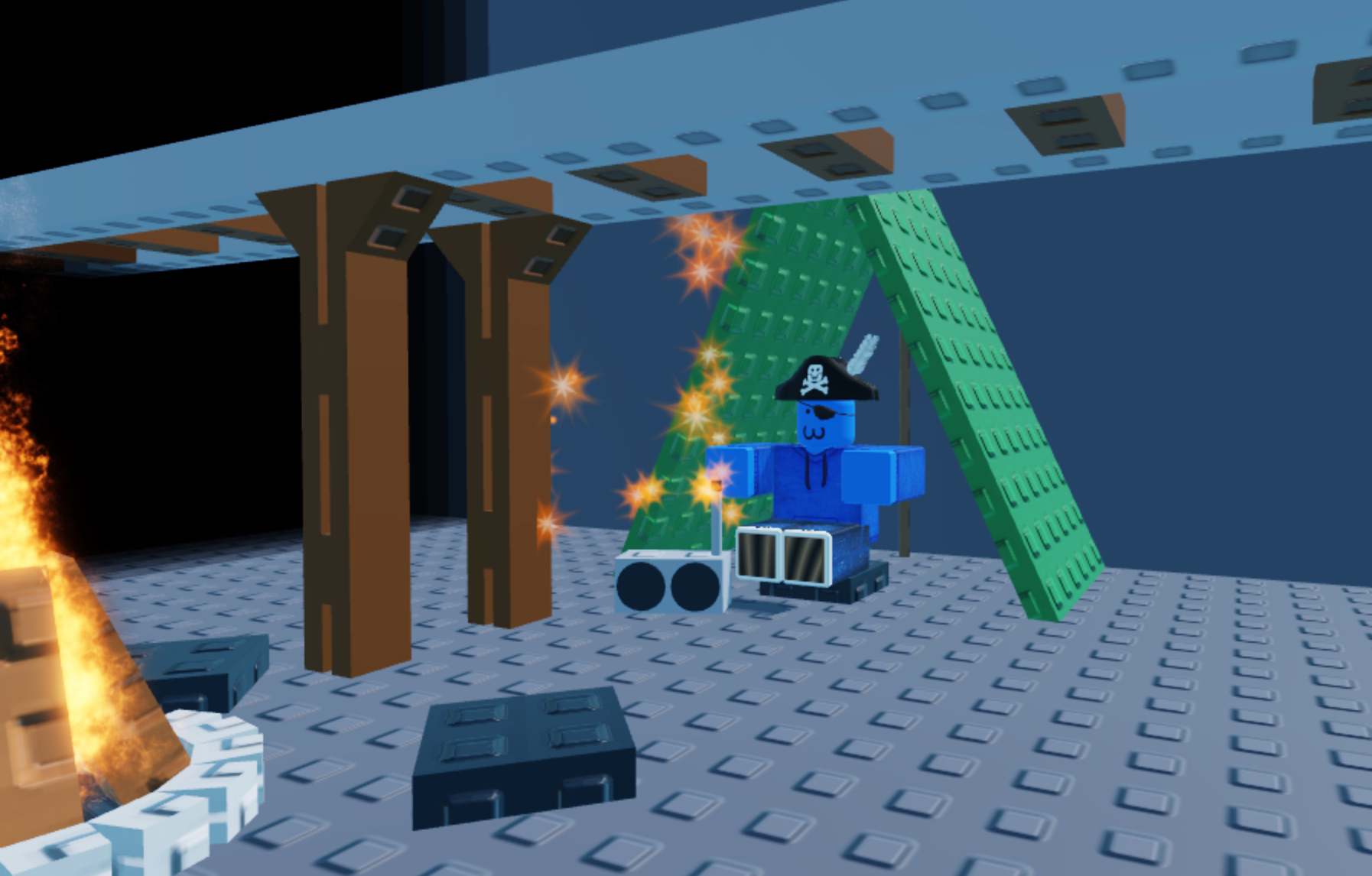nuke sitting by a campfire in a cave, theres a tent and the track for a minecart between the fire and the tent